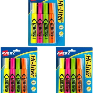 AVERY Hi-Liter – Resaltadores estilo escritorio, tinta segura para manchas, punta de cincel, 4 resaltadores de colores surtidos (24063) (paquete de AVERY Hi-Liter – Resaltadores estilo escritorio, tinta segura para manchas, punta de cincel, 4 resaltadores de colores surtidos (24063) (paquete de