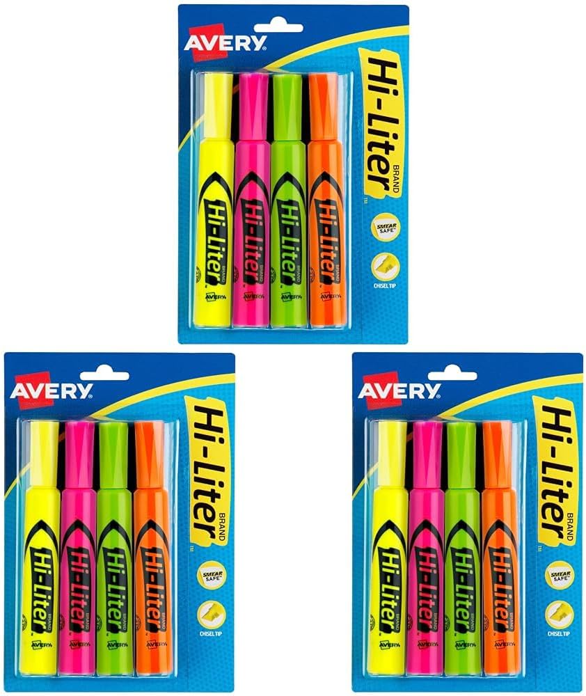 AVERY Hi-Liter – Resaltadores estilo escritorio, tinta segura para manchas, punta de cincel, 4 resaltadores de colores surtidos (24063) (paquete de