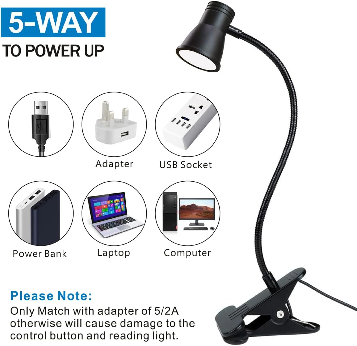 KNAMKY Lámpara de escritorio LED USB con clip, 3 modos de luz, 10 niveles de brillo regulables, luz de libro para cuidado de los ojos, lámpara de