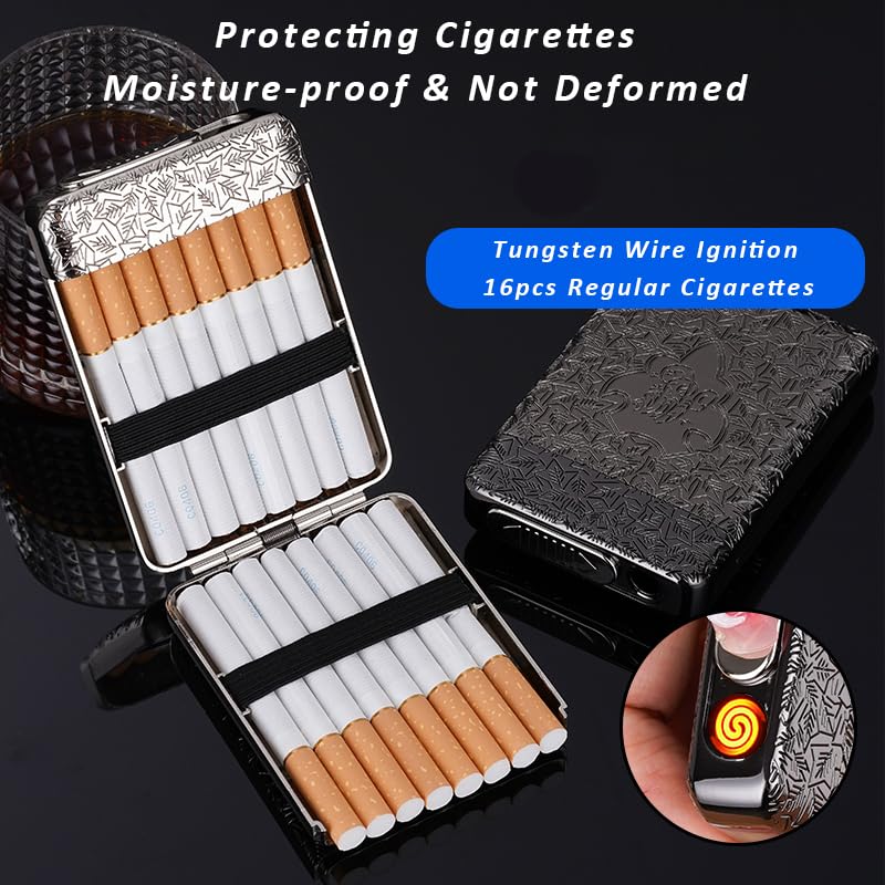 Caja de cigarrillos con encendedor USB, 16 piezas de 3.307 in de tamaño regularking cigarrillos eléctricos recargables sin llama a prueba de viento