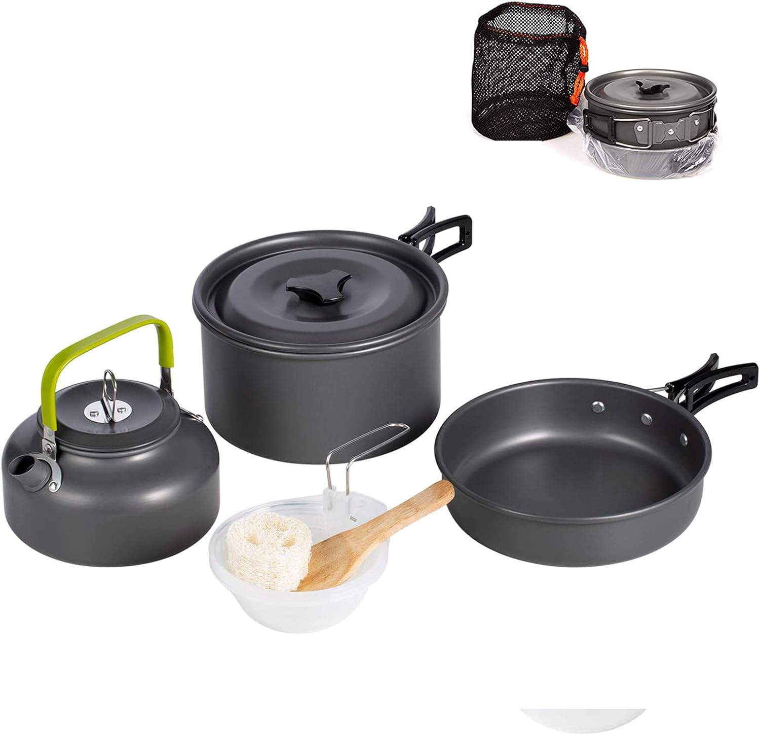 Adviarsim Kit de utensilios de cocina de aluminio para acampar al aire libre, juego de cocina plegable, tetera y sartén, ollas ligeras