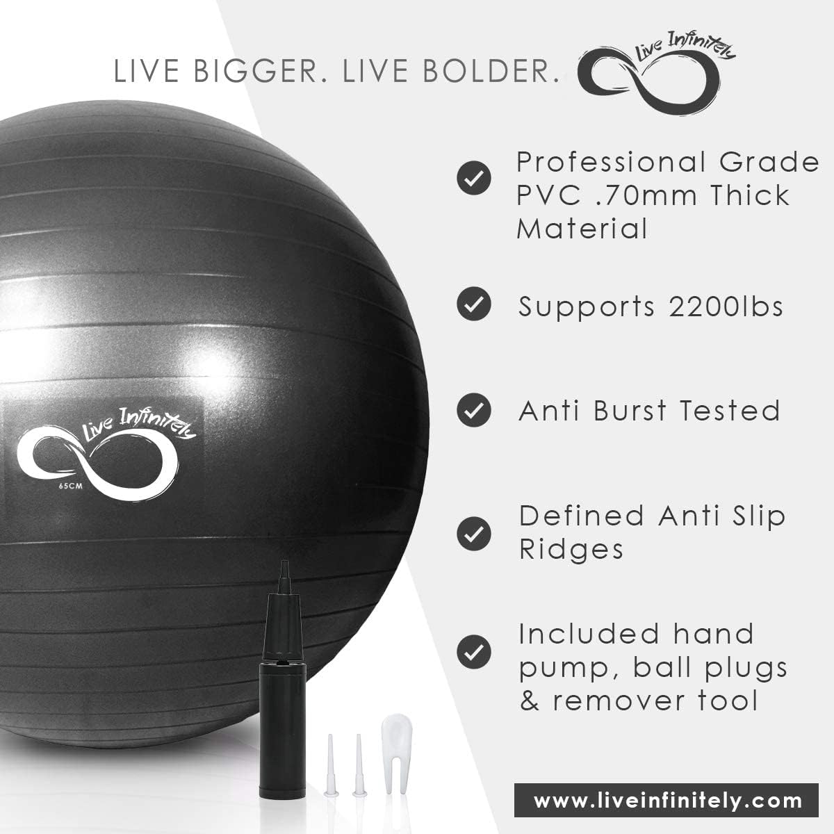 Live Infinitely Pelota de ejercicio (21.7 in-37.4 in) extra gruesa de grado profesional de equilibrio y estabilidad, probada contra estallidos,
