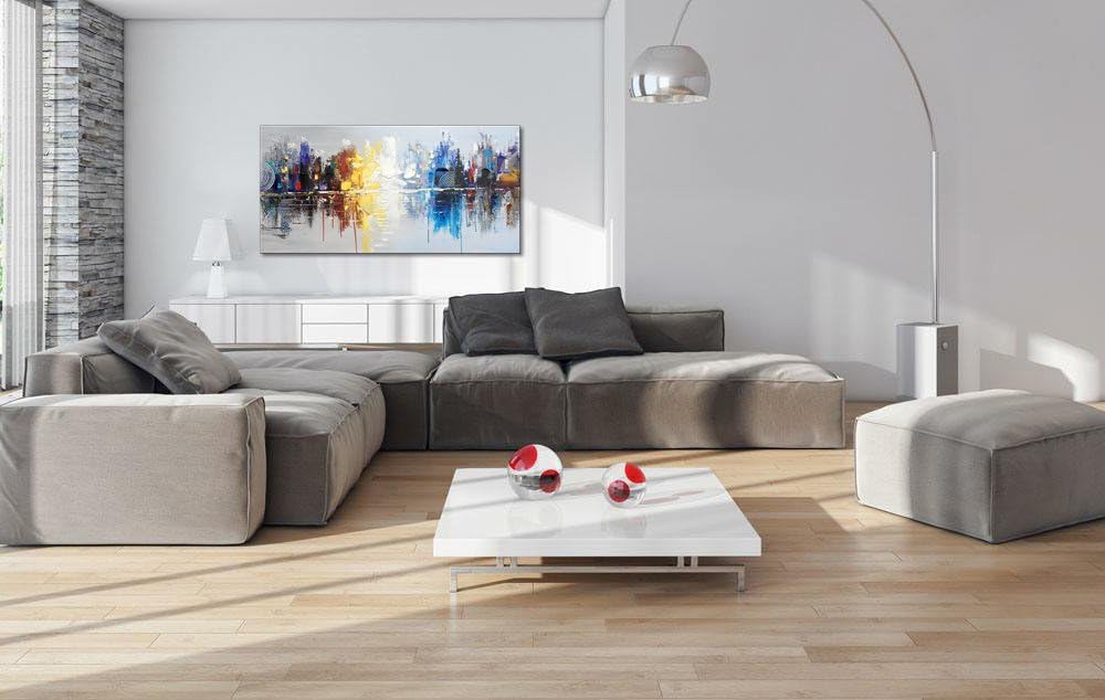 Pintura al óleo sobre lienzo pintada a mano, diseño de reflejo de paisaje urbano moderno, decoración de arte abstracto