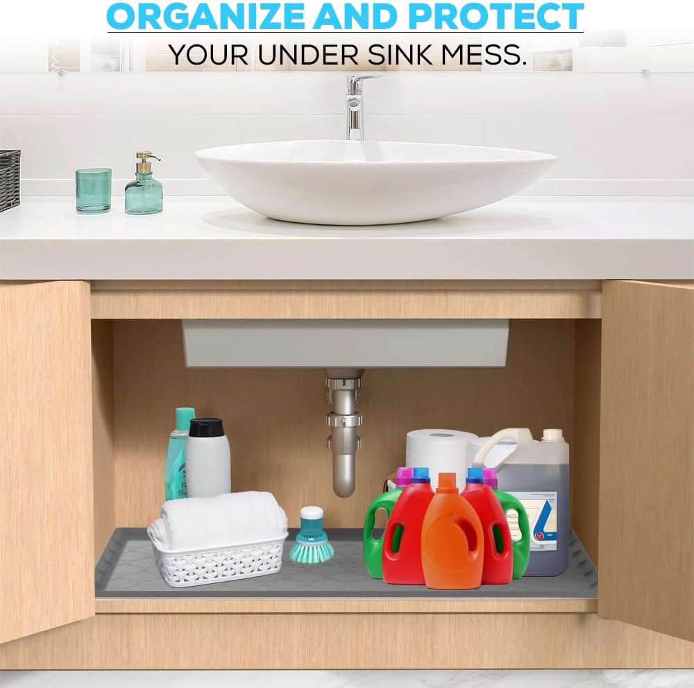Tapete impermeable para debajo del fregadero de cocina, 34 x 22 pulgadas, forro de silicona fuerte debajo del fregadero, tapete protector de