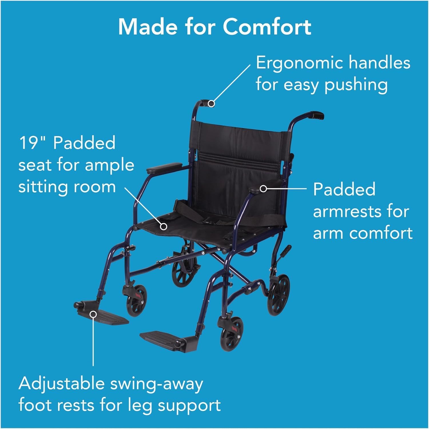 Carex Silla de ruedas de transporte con cojín para silla de ruedas, asiento de 19 pulgadas, silla de transporte plegable con reposapiés, silla de
