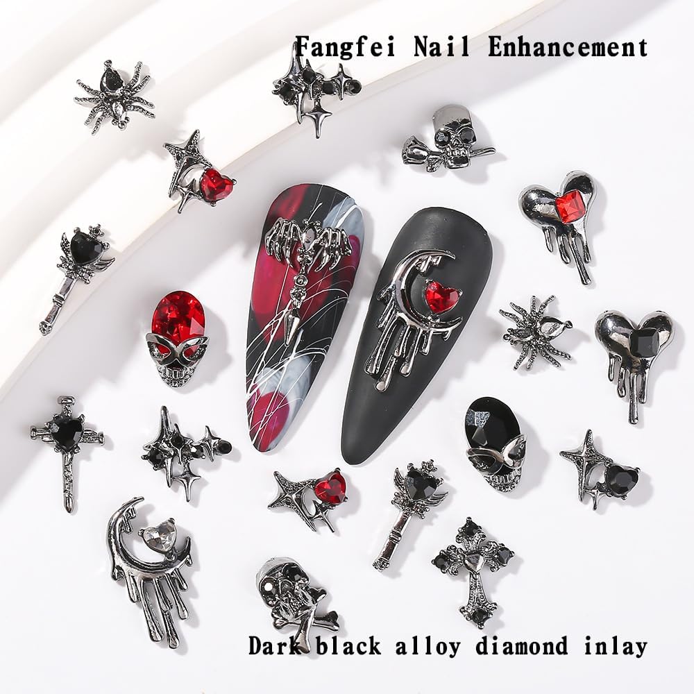 22 dijes para uñas de Halloween, diamantes de imitación plateados 3D para uñas, dijes de aleación de araña, calavera para decoración de uñas, cruz