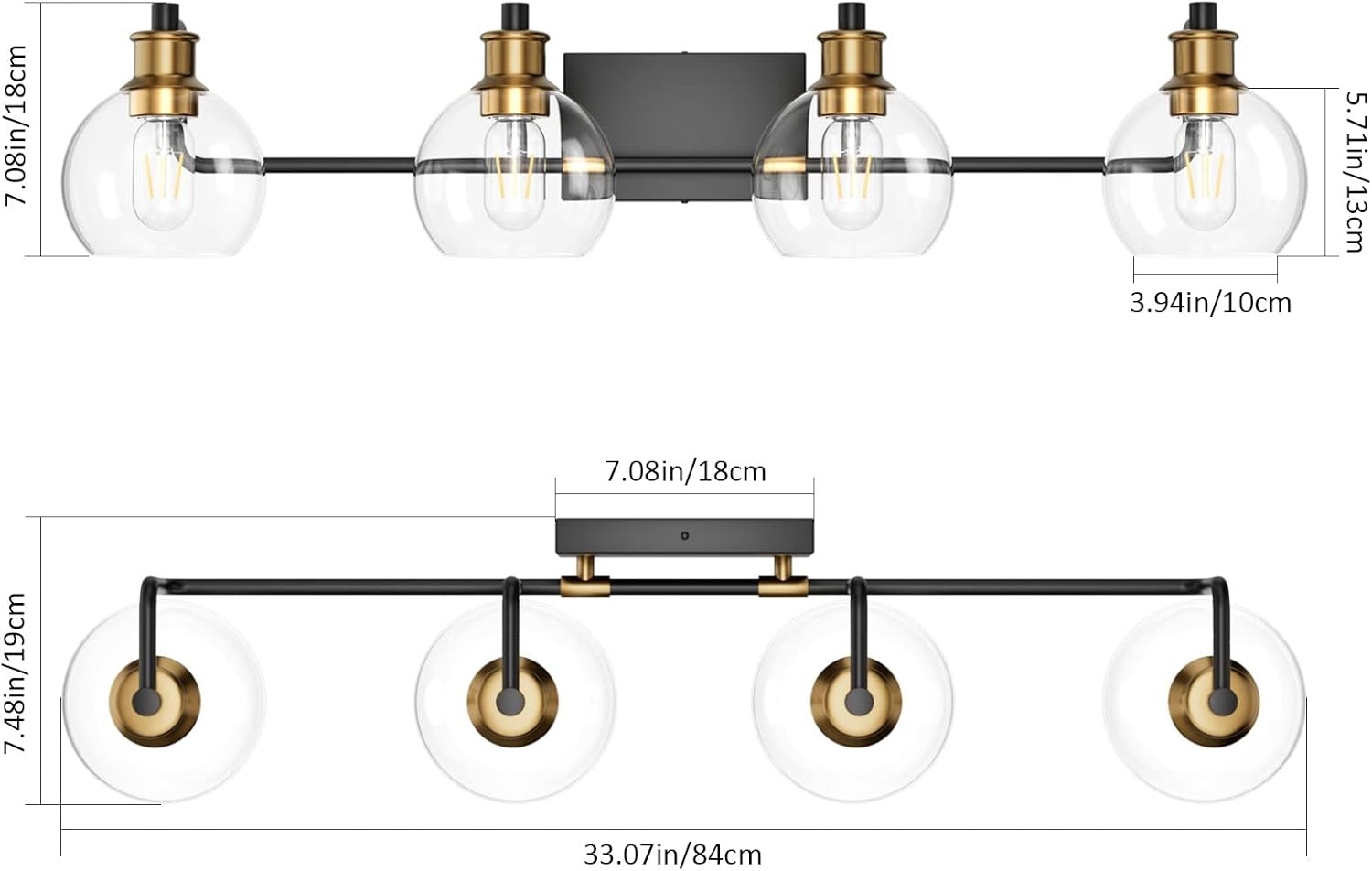 Tipace Lámparas industriales para tocador de baño, 4 luces, acabado vintage negro y dorado con globo de vidrio transparente, iluminación de baño de