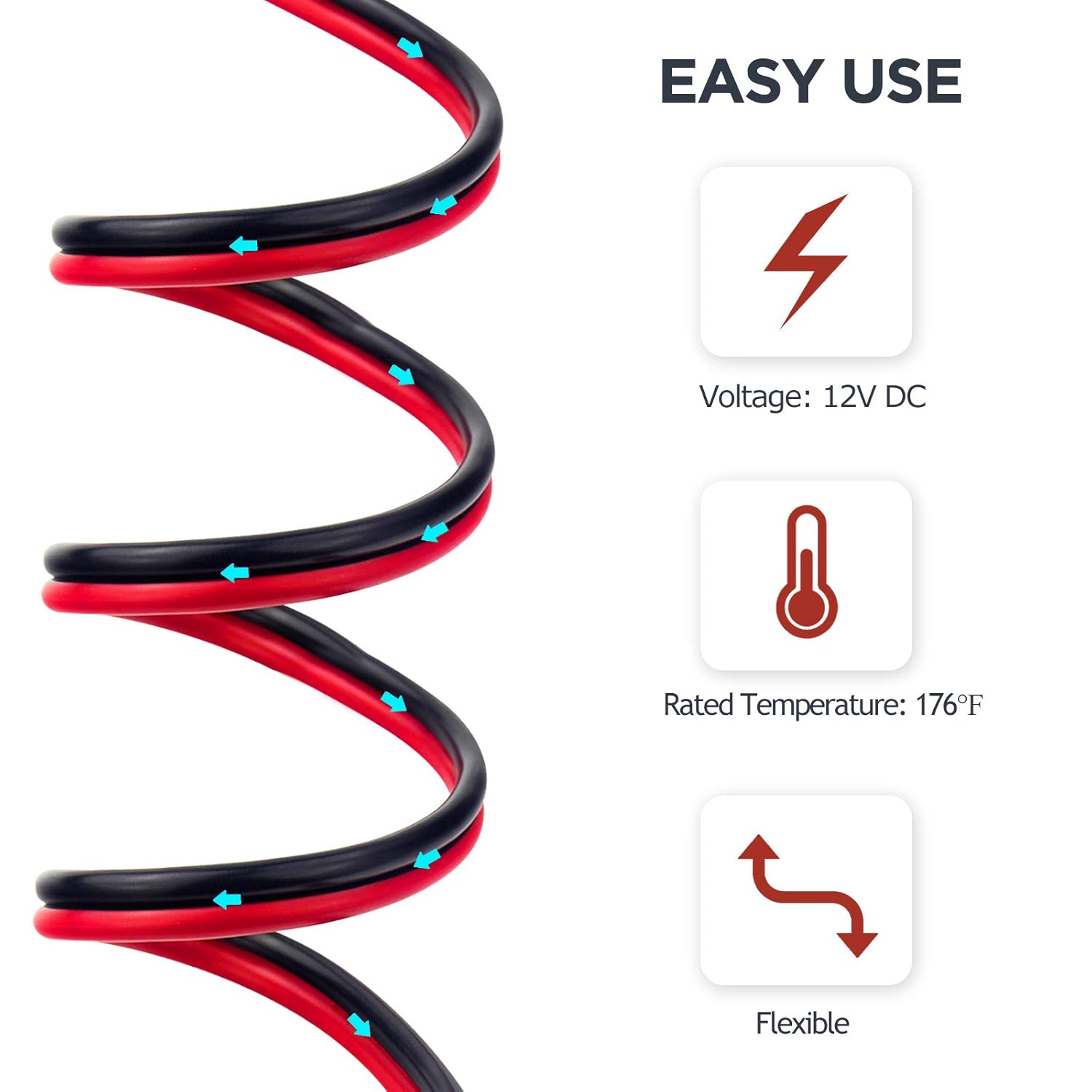 MARSWIRE Cable eléctrico de calibre 18 AWG de 2 pines, cable de luz LED de CC de 12 V, cable de cobre de conexión automática, con carrete para