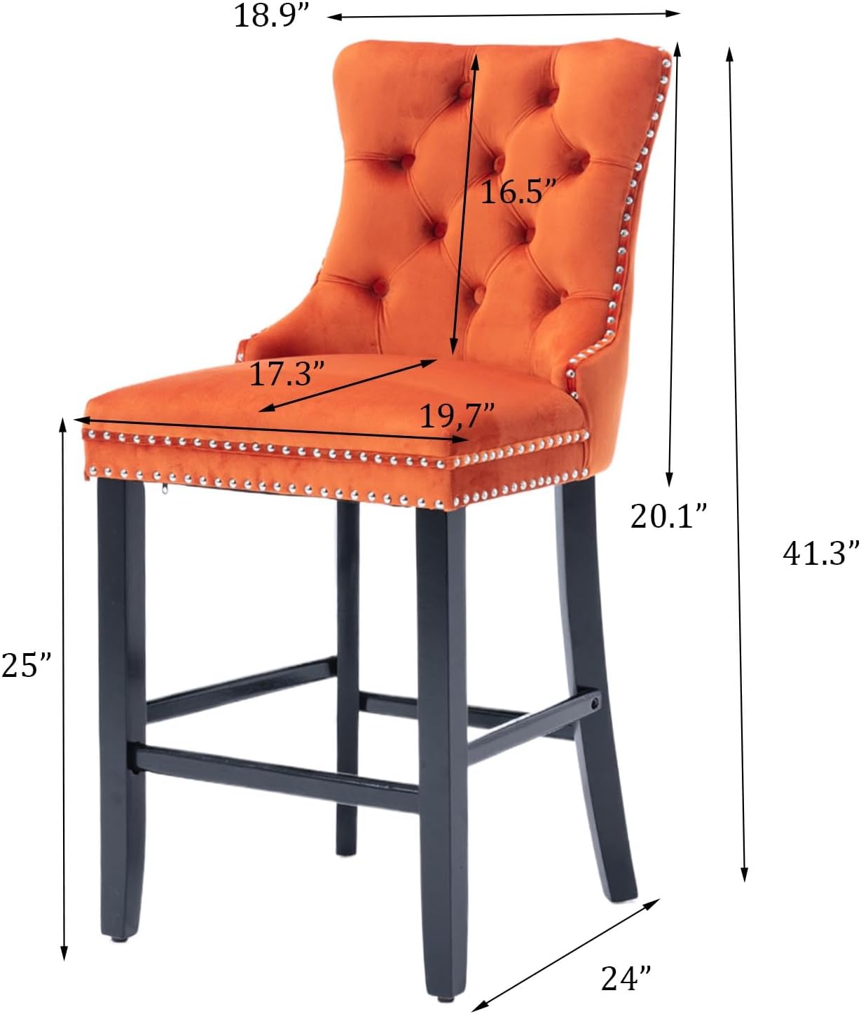 SoarFlash Juego de 2 taburetes de bar tapizados de terciopelo modernos con patas de madera, botones acolchados, cabeza de clavo cromada, asiento de