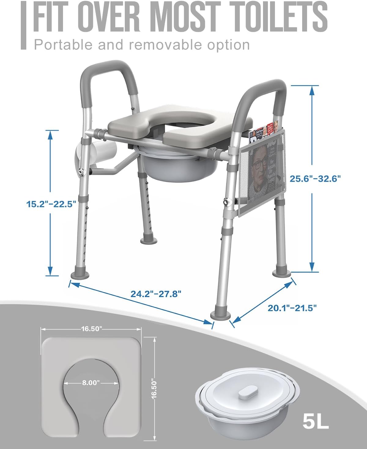 Cómoda de cabecera para personas mayores con diseño ajustable (resistente 400 libras), asiento de inodoro elevado para discapacitados con asas