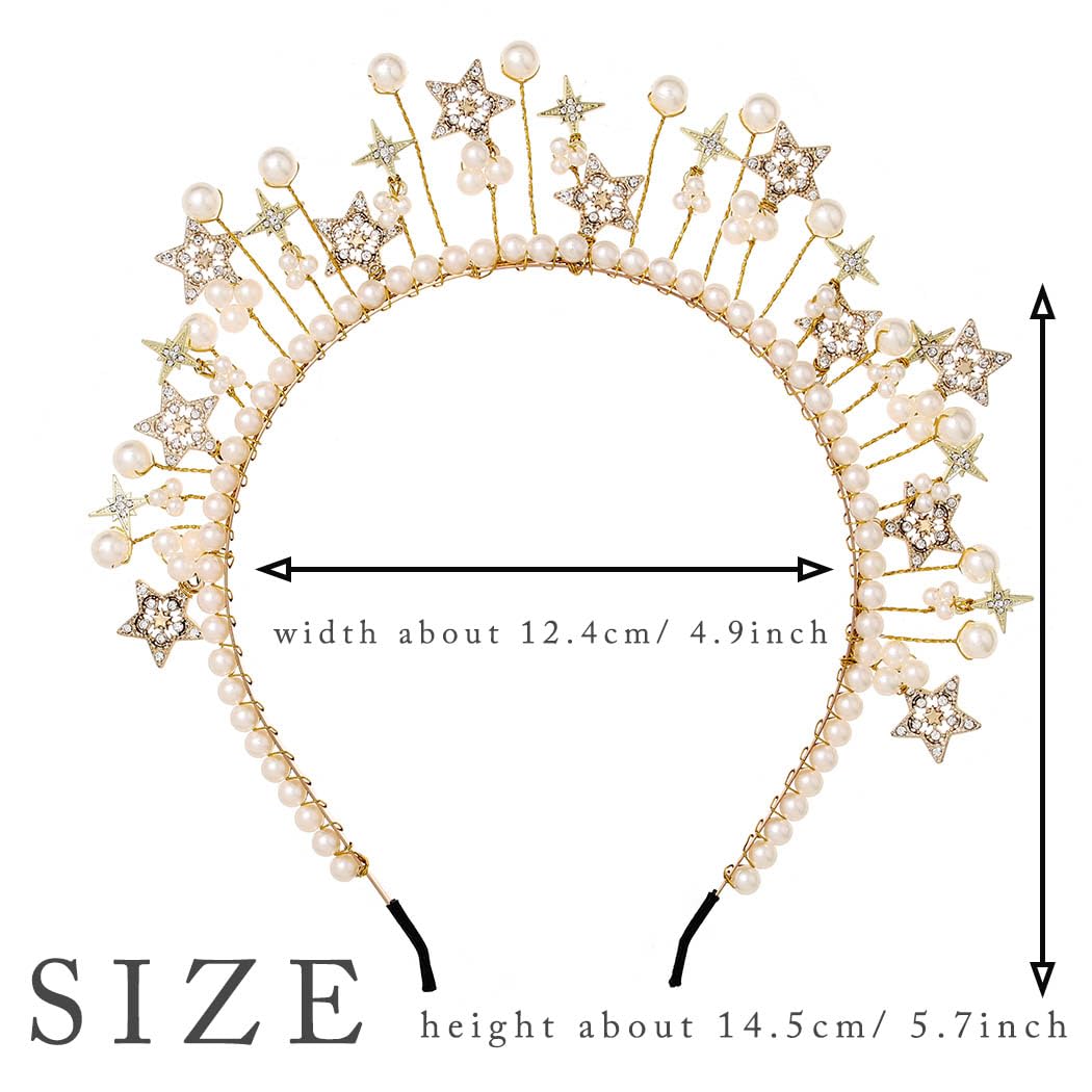 Urieo Corona con halo de estrellas, perlas doradas, diadema de diosa, tiara fina de cristal, accesorios para el cabello hechos a mano para mujeres