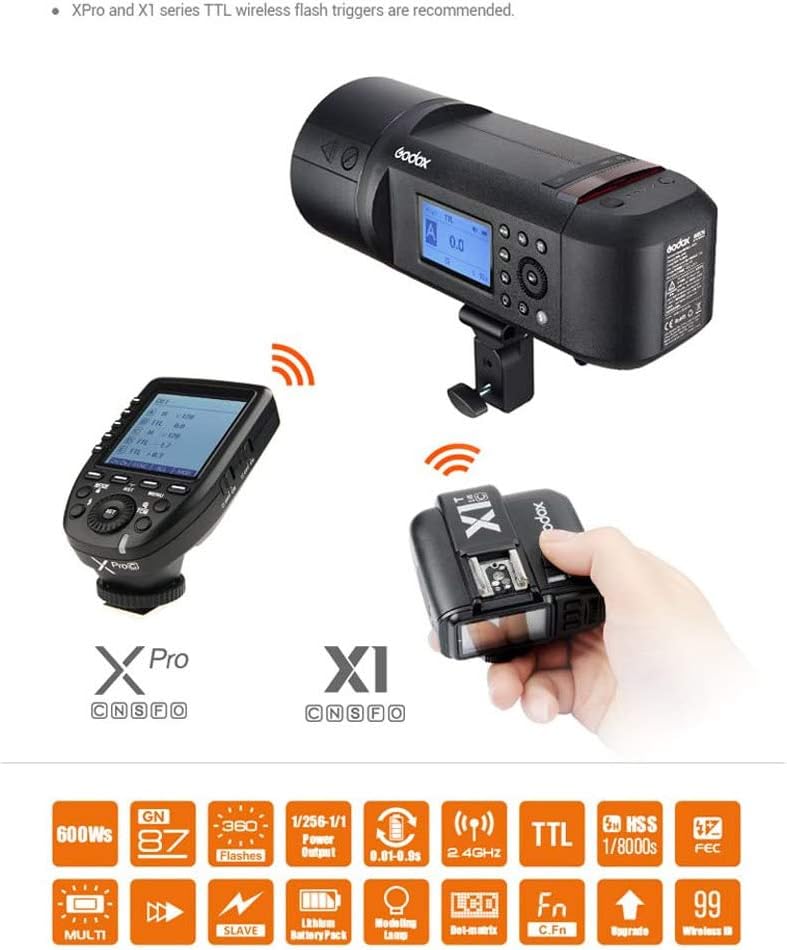 Godox Flash para exteriores Monoligh AD600Pro 600Ws t TTL 2.4G 18000s sincronización de alta velocidad, batería de 2600 mAh 360 flashes de potencia