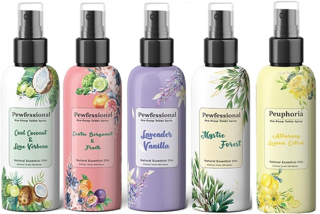 Spray de inodoro pre pop, eliminador de olores de inodoro, paquete de 4 + 1 botella de regalo, tamaño de viaje de 2.5 onzas