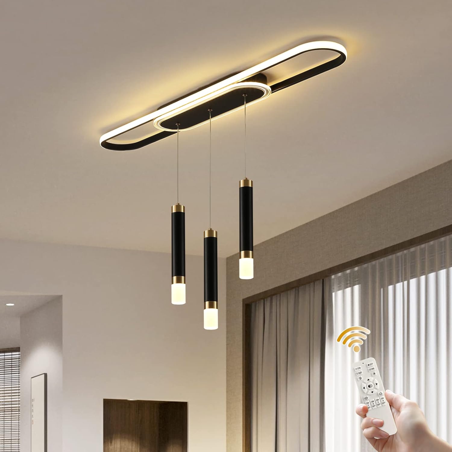 Jaycomey Lámpara LED moderna, lámpara colgante de techo de acrílico regulable de 3 luces con control remoto, lámpara de comedor interior para