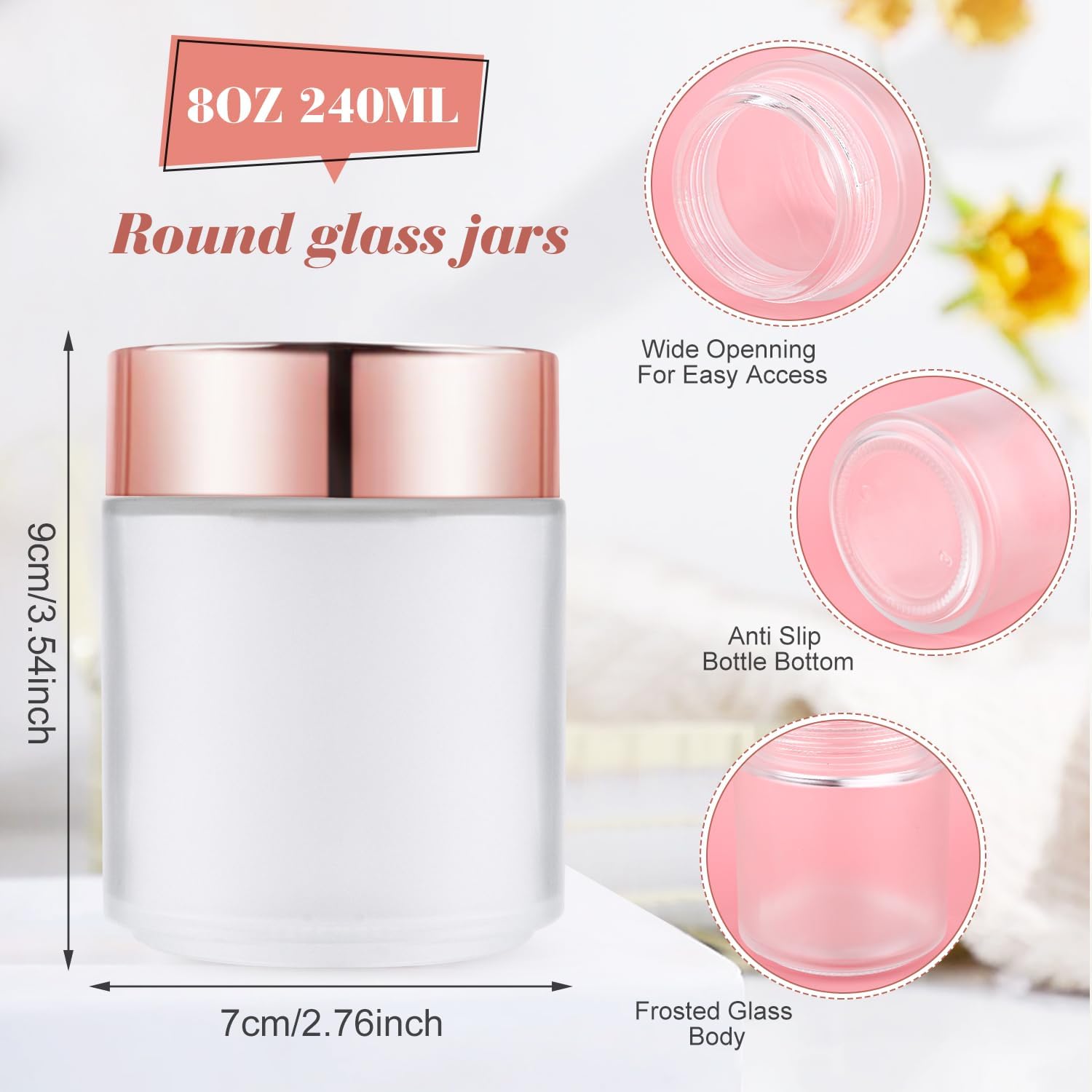 Paquete de 6 frascos redondos de vidrio blanco esmerilado de 8 onzas, tarros de vidrio vacíos para cosméticos con tapas de oro rosa, forros