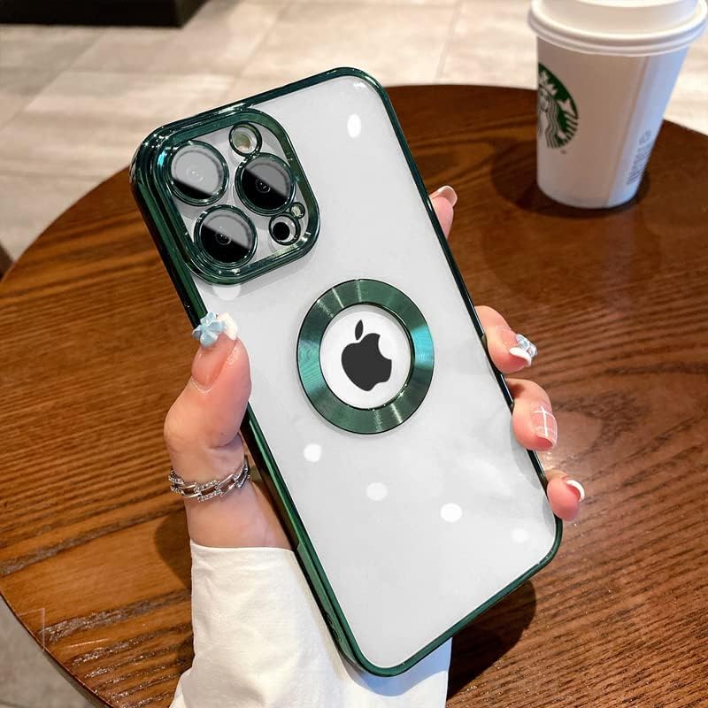 Funda para iPhone 13 Pro con protector de lente de cámara, vista de logotipo para mujeres y hombres, chapado suave, transparente, delgada,