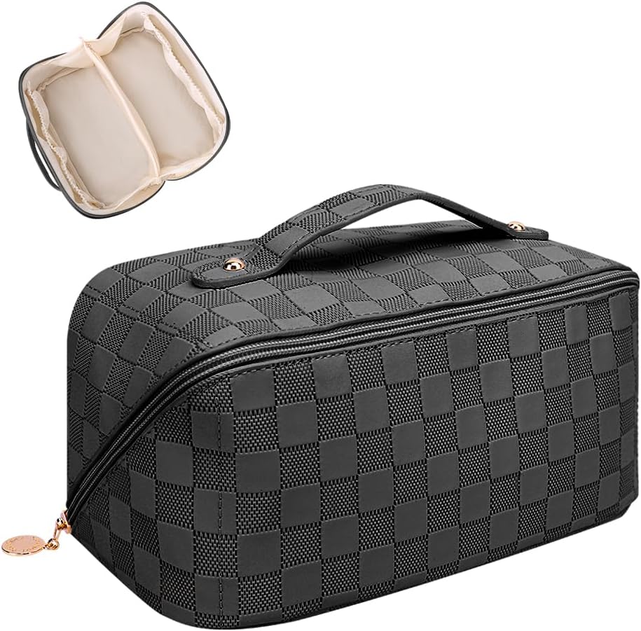 Bolsa de cosméticos de viaje de gran capacidad, bolsa de cosméticos plana para todo, bolsa de maquillaje grande para mujeres, bolsa portátil