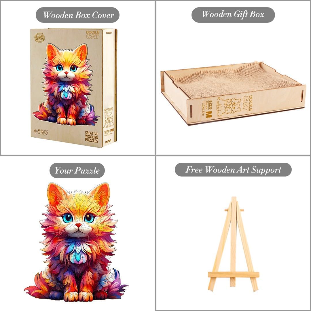 Rompecabezas de madera, con forma de gato dócil, 90 piezas de 7.9 x 6.9 pulgadas. Rompecabezas ecológico con forma de animal único, regalo de