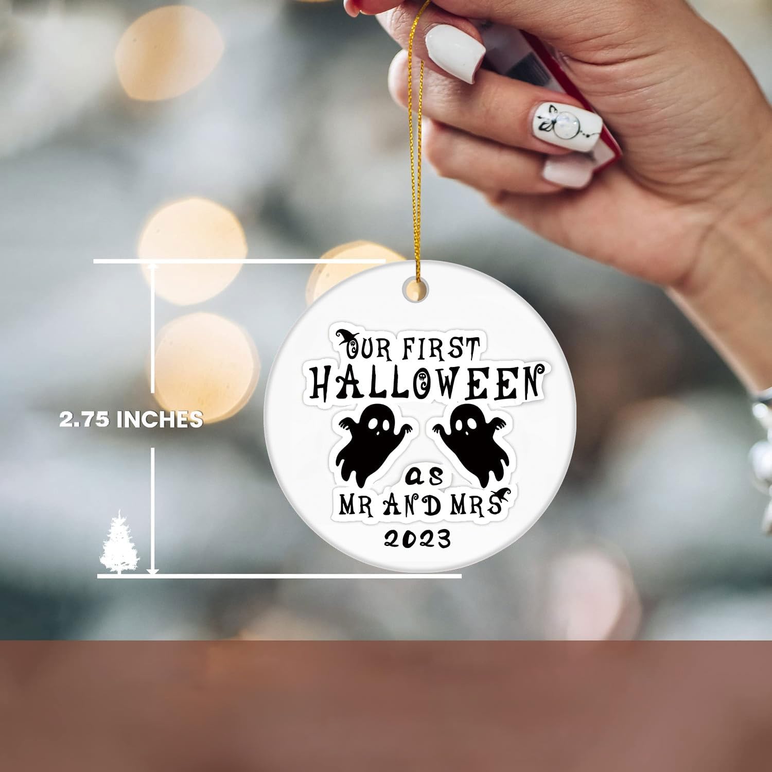 2023 Our First Halloween as Mr. and Mrs. Ornamento colgante accesorios de decoración, adorno redondo de cerámica para el primer Halloween, boda,