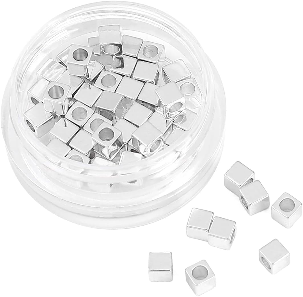 Cuentas espaciadoras de cubo chapado en plata ángulo recto 0.118×0.118 in 50pcs para la fabricación de joyas hallazgos no se deslustran