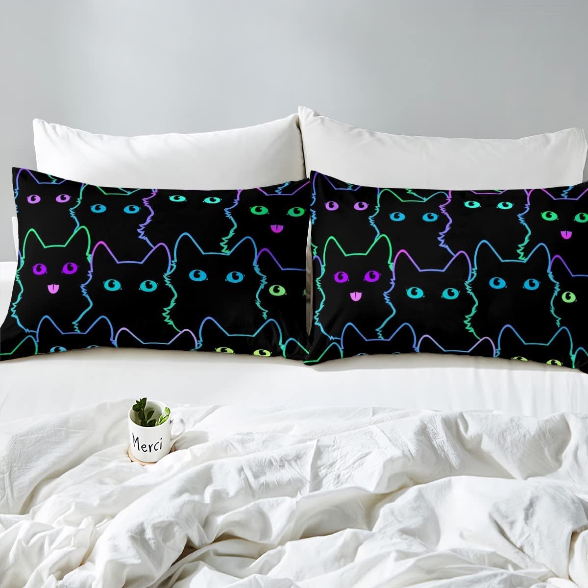 Juego de ropa de cama con diseño de dibujos animados para niñas, niños, mascotas, gatos, funda de edredón con luz de neón, decoración de habitación,