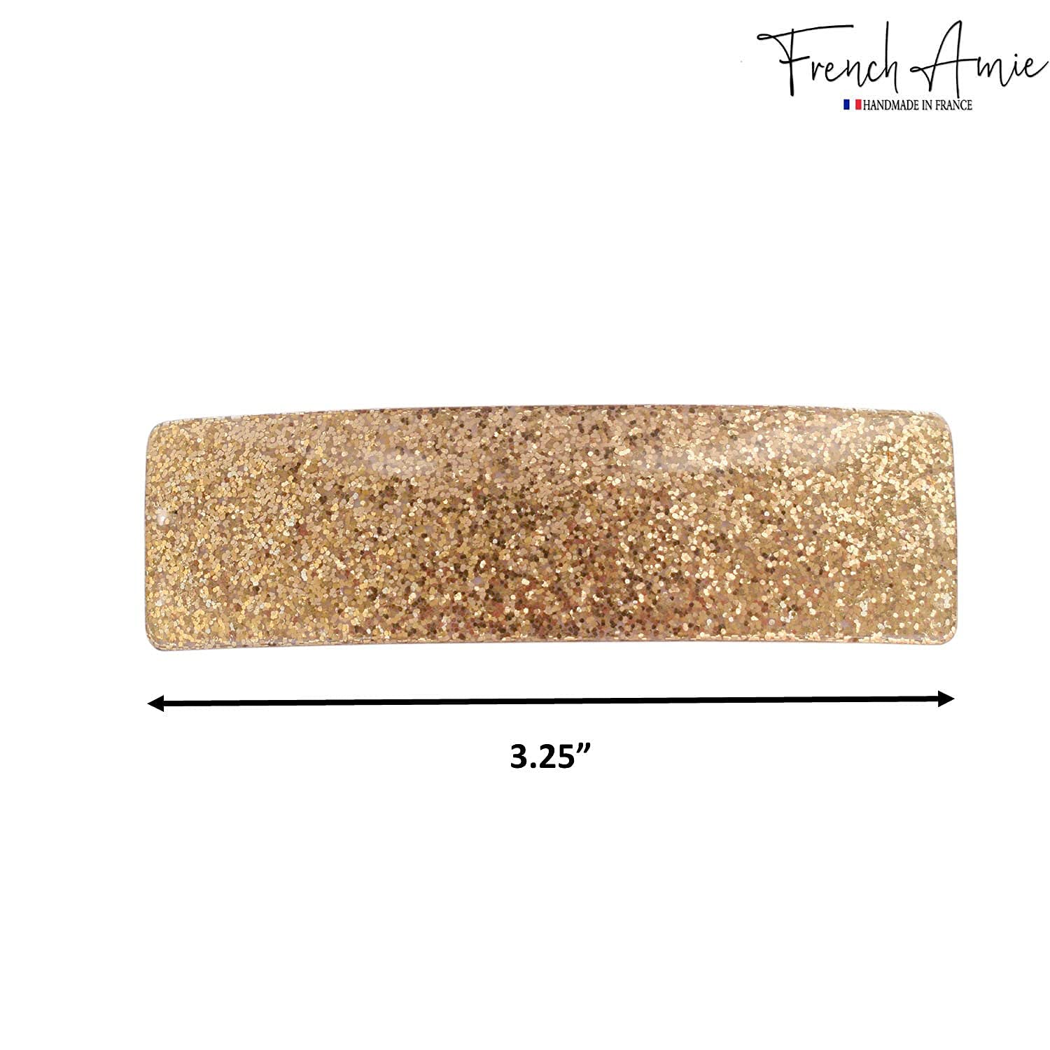 French Amie Pasador automático rectangular con purpurina dorada de 3 14 pulgadas, acetato de celuloide fuerte, hecho a mano, con cierre dorado para
