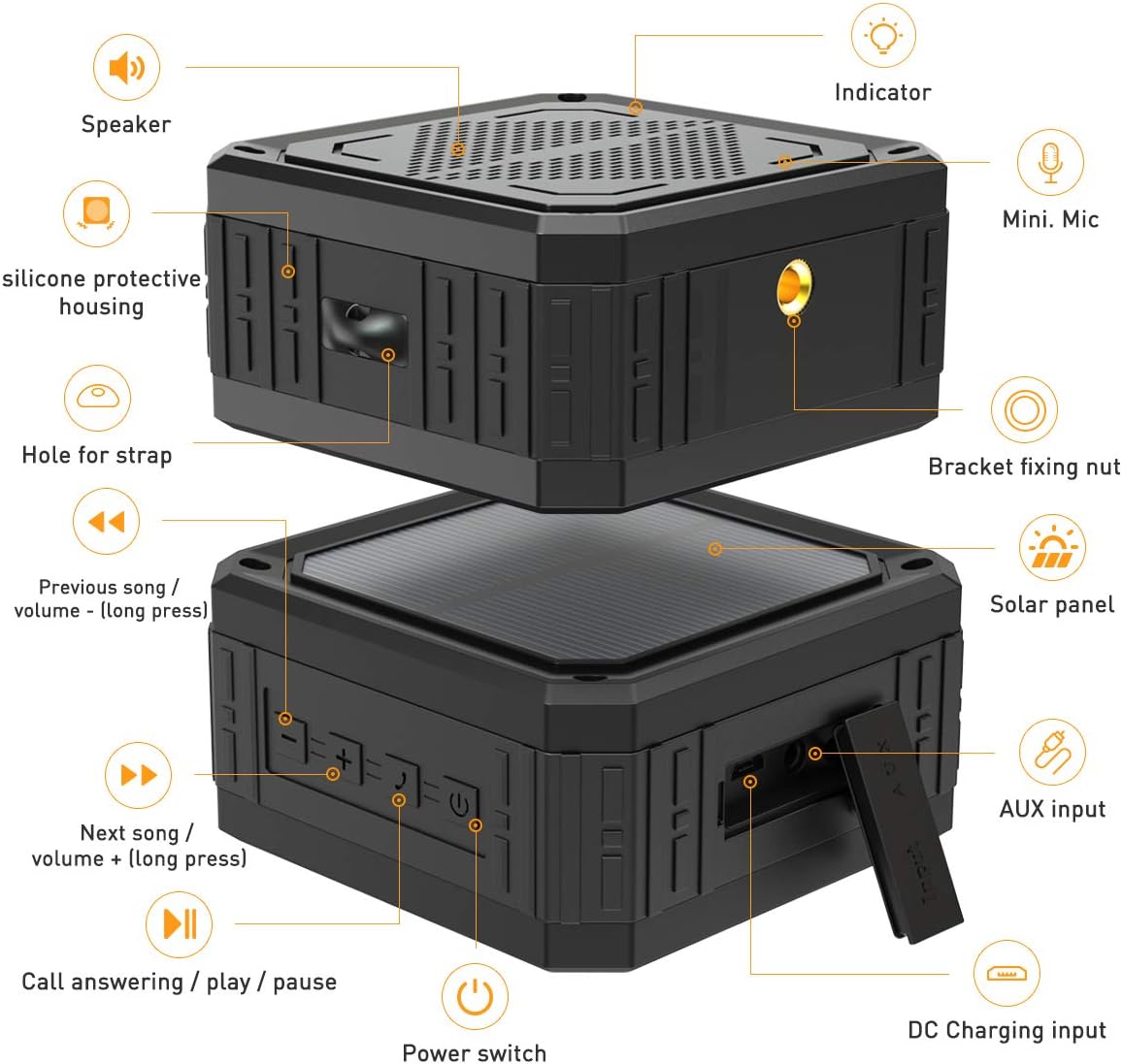 Altavoz solar portátil IPX6 impermeable Bluetooth altavoz 15 horas de tiempo de reproducción, graves estéreo ricos, a prueba de golpes, a prueba de