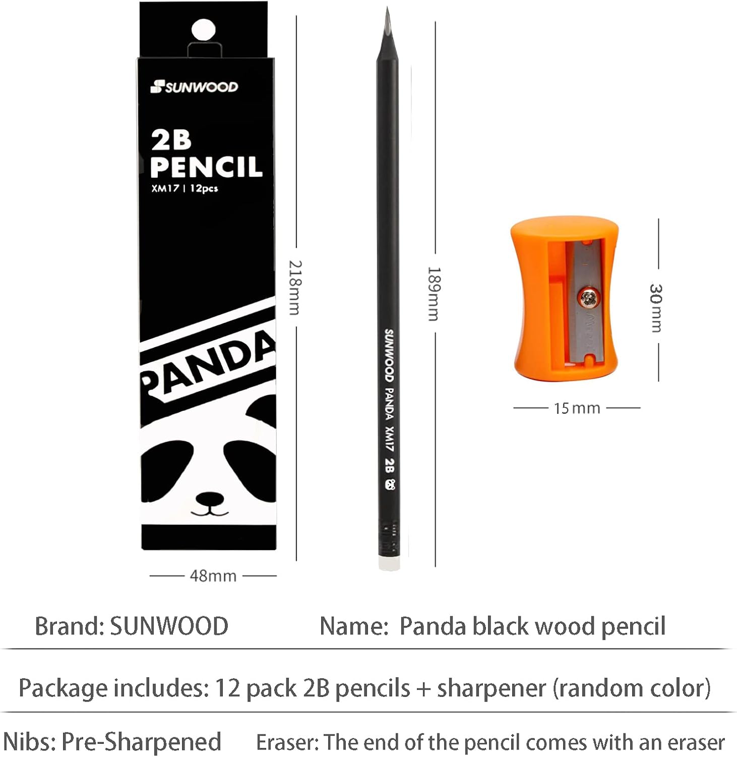 Panda 2B – Lápices escolares de grafito con carcasa de madera negra, paquete de 12, preafilados con borradores sin látex, suministros de oficina
