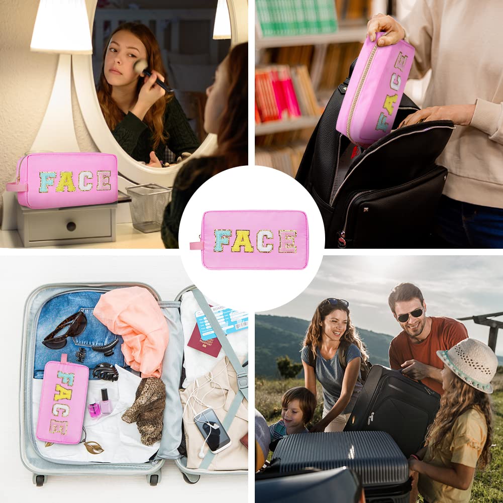 Bolsa de cosméticos de nailon con parche de letras universitarias de chenilla, organizador de bolsas de viaje para el cuidado de la piel para
