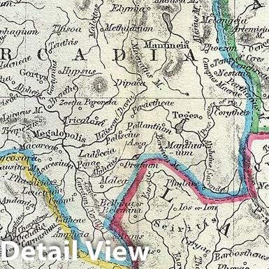 Mapa histórico mapa de Hughes de la península del Peloponeso o el sur de Grecia en la antigüedad, 1867, arte de pared vintage 24in x 32in