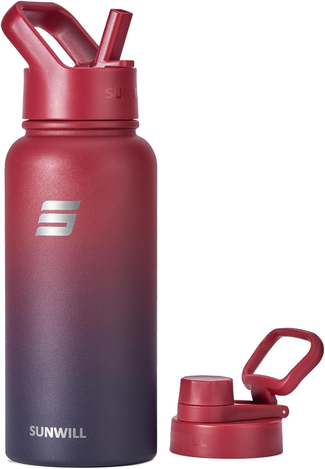 SUNWILL Botella de agua aislada con popote de 32 onzas, botella de agua deportiva de metal, botella de agua deportiva de doble pared reutilizable,