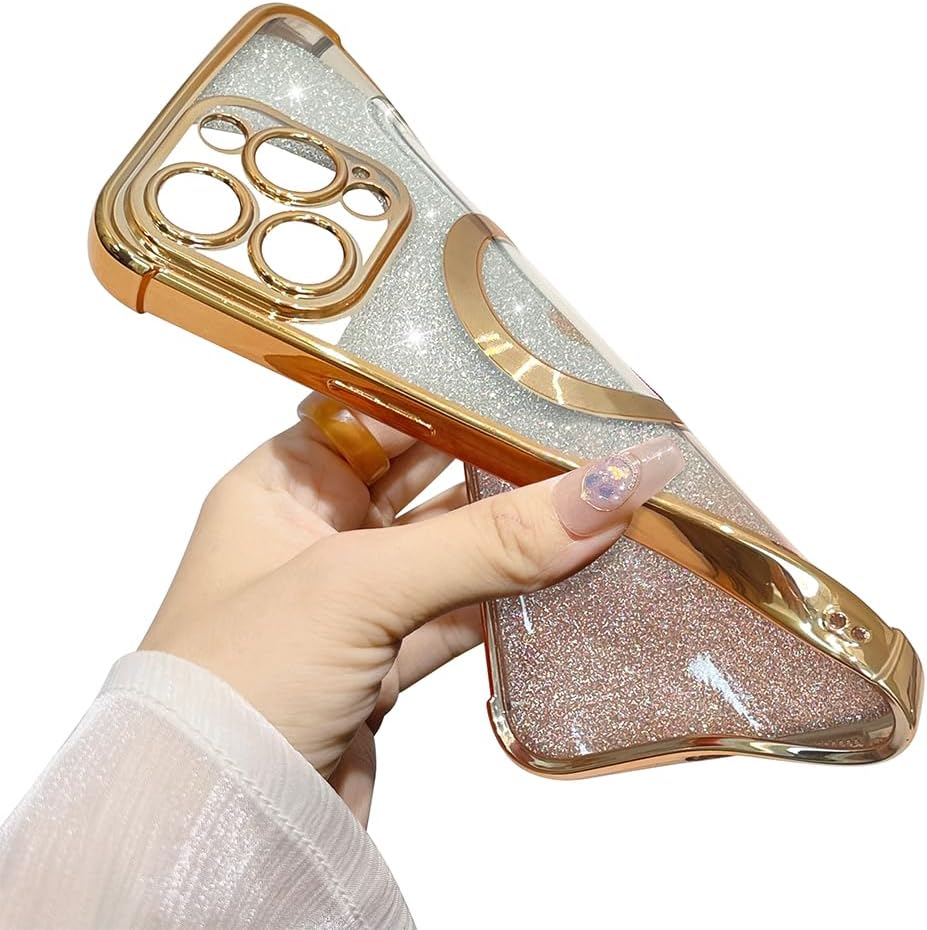 AIGOMARA Funda magnética transparente con purpurina para iPhone 15 Pro, compatible con Magsafe, cubierta de TPU suave chapado de lujo con corazones