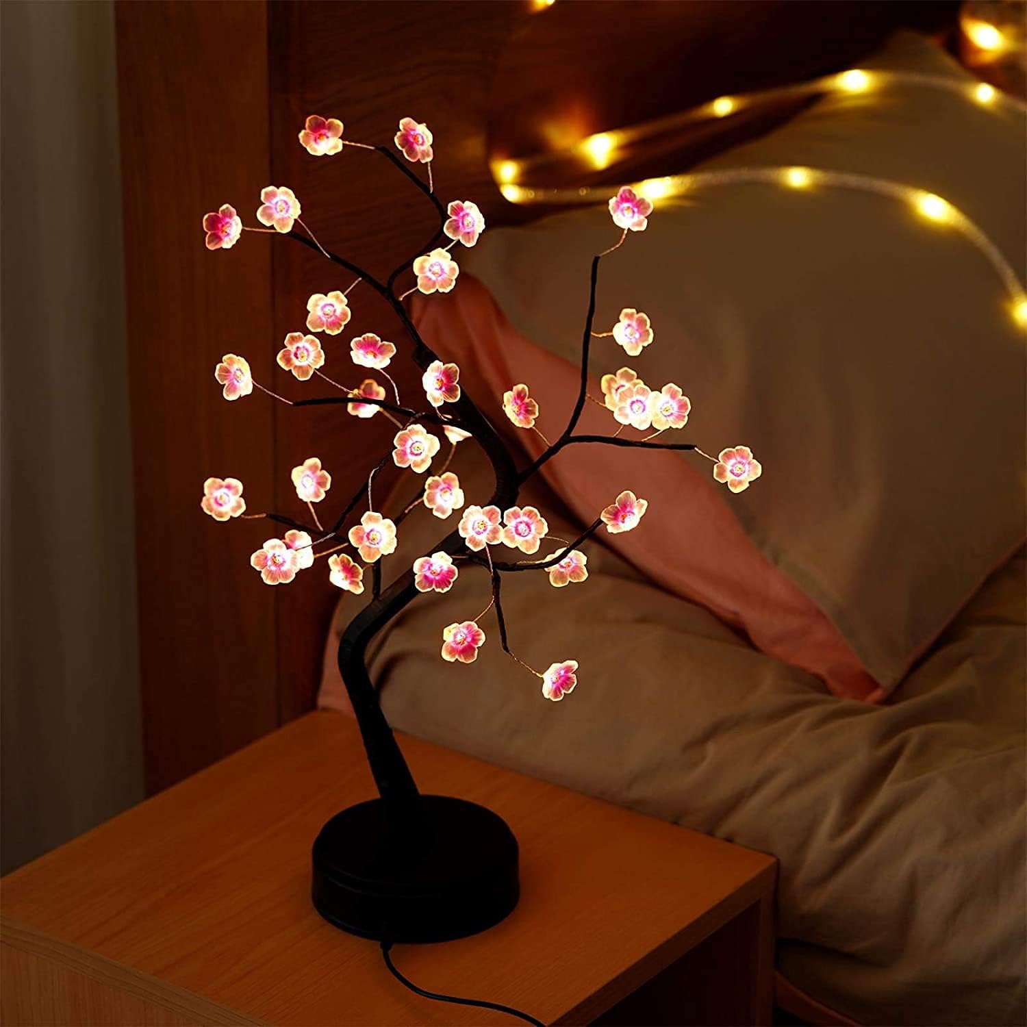 HoldOneLight Lámpara de luz de árbol bonsái de flor de cerezo, 36 LED, lámpara de árbol de decoración japonesa, batería y enchufe USB, lámpara de