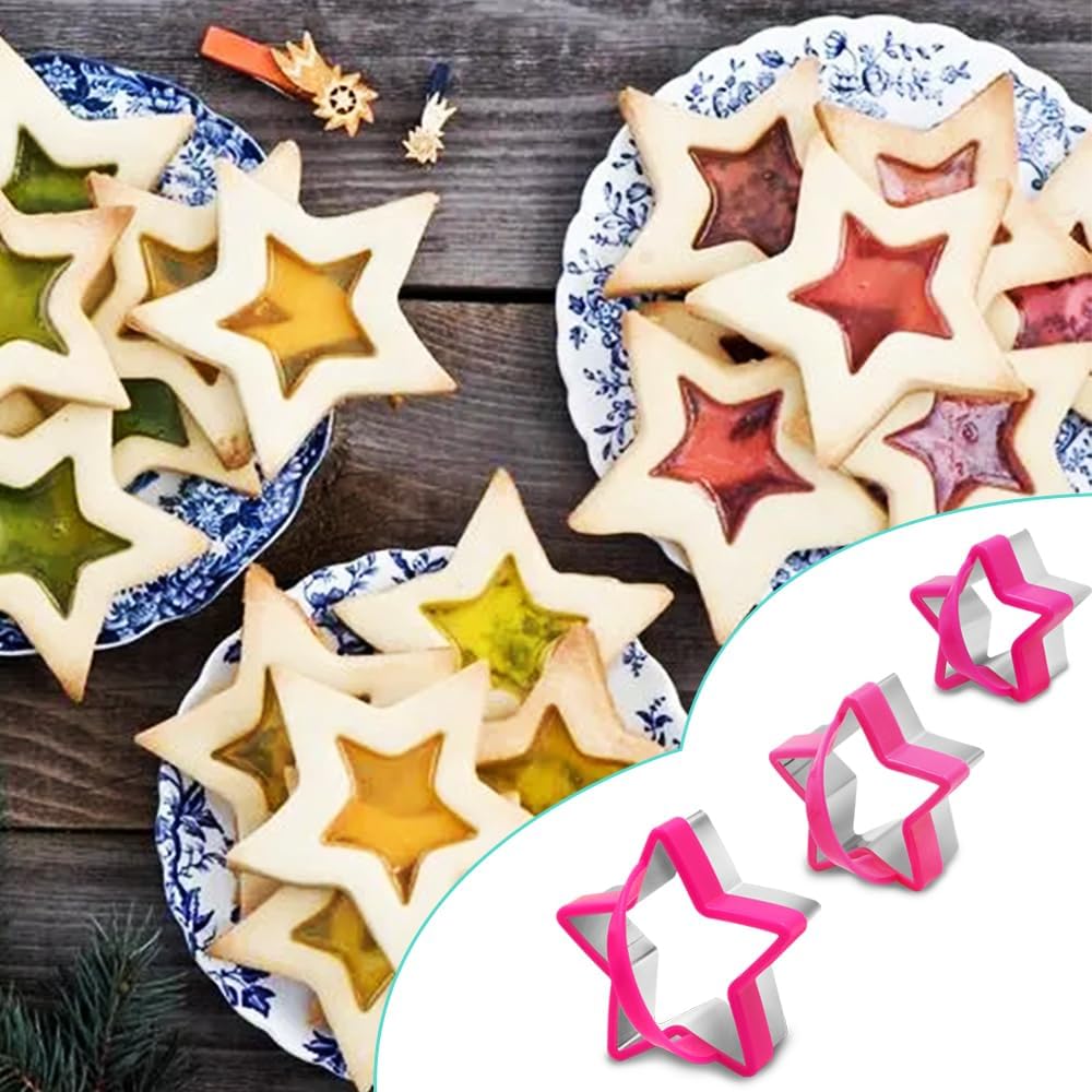 6 cortadores de galletas de acero inoxidable con asa, cortador de galletas AIFUDA con patrón de estrellas y flores, mini molde para prensar