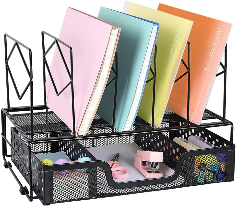 Spacrea Organizadores de escritorio y accesorios, organizador de archivos con 5 secciones verticales + cajón deslizante, organización y