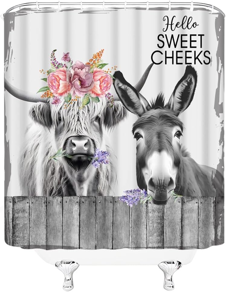 Cortina de ducha de animales de granja, divertido burro de vaca de las tierras altas con valla de flores, citas divertidas, tela de poliéster, juego