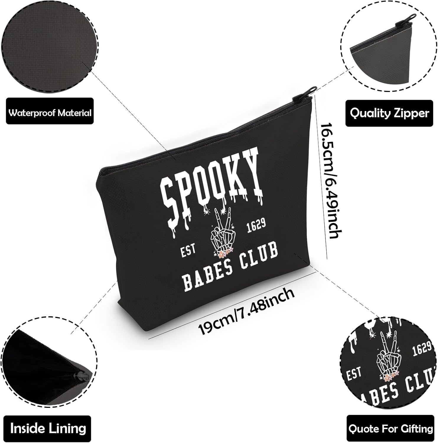 ZJXHPO Spooky Babe Club Bolsa de cosméticos para fiesta de Halloween, regalo de esqueleto de mano, bolsa de maquillaje con cremallera, kit de