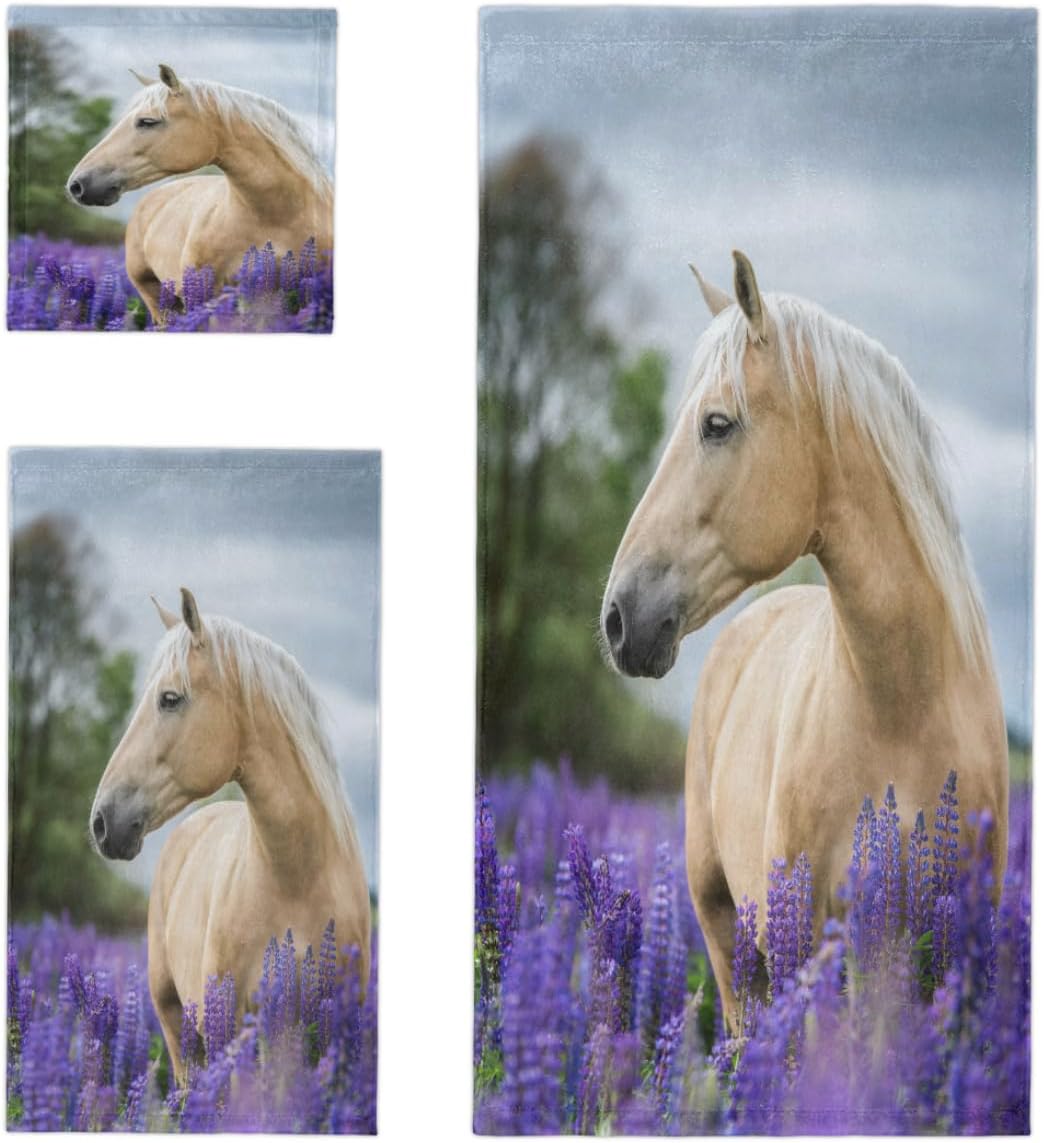 Juego de 3 toallas de baño con diseño de flores de lavanda y caballo de animales, toalla de mano grande, toallas suaves absorbentes florales, toalla