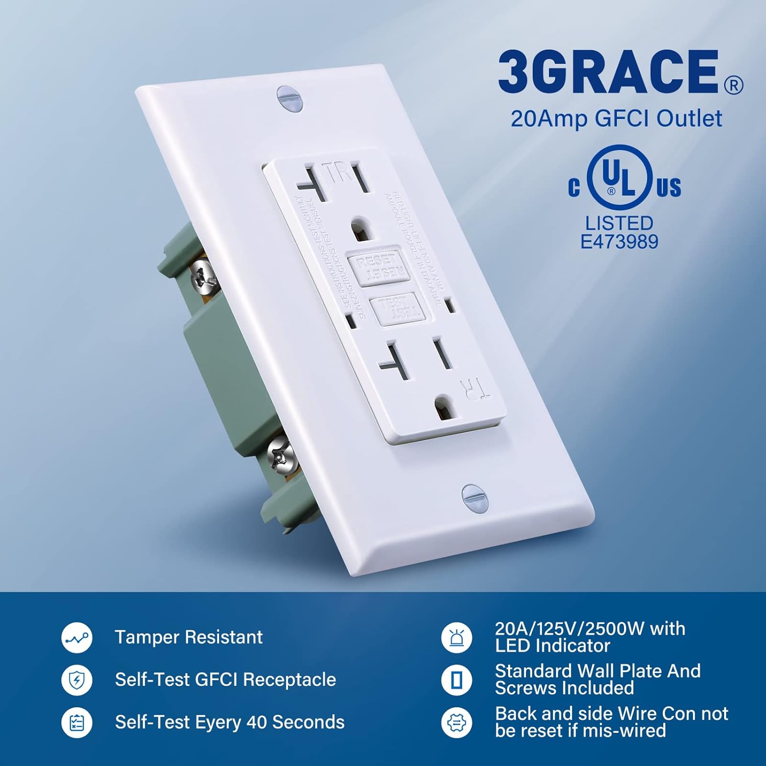 Toma GFCI de 20 amperios, receptáculo GFI resistente a manipulaciones con indicador LED, interruptor de circuito de falla de tierra de
