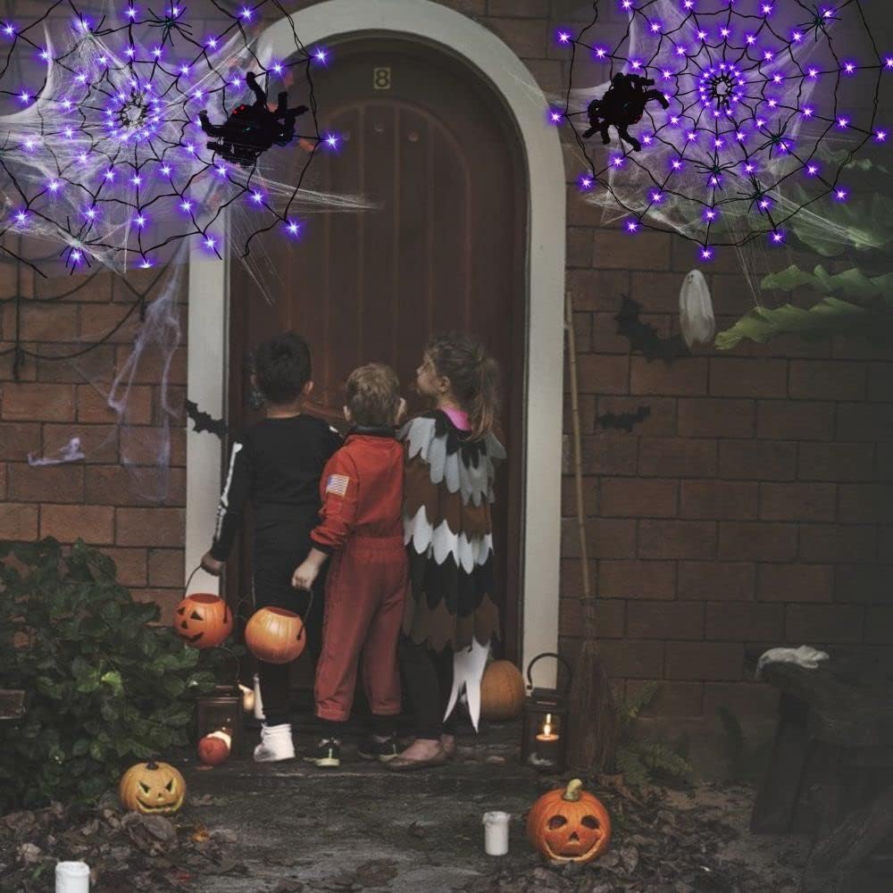 GVANCA Luces de telaraña de Halloween Decrations, 70 luces LED de telaraña para decoración de Halloween en interiores y exteriores, impermeables,