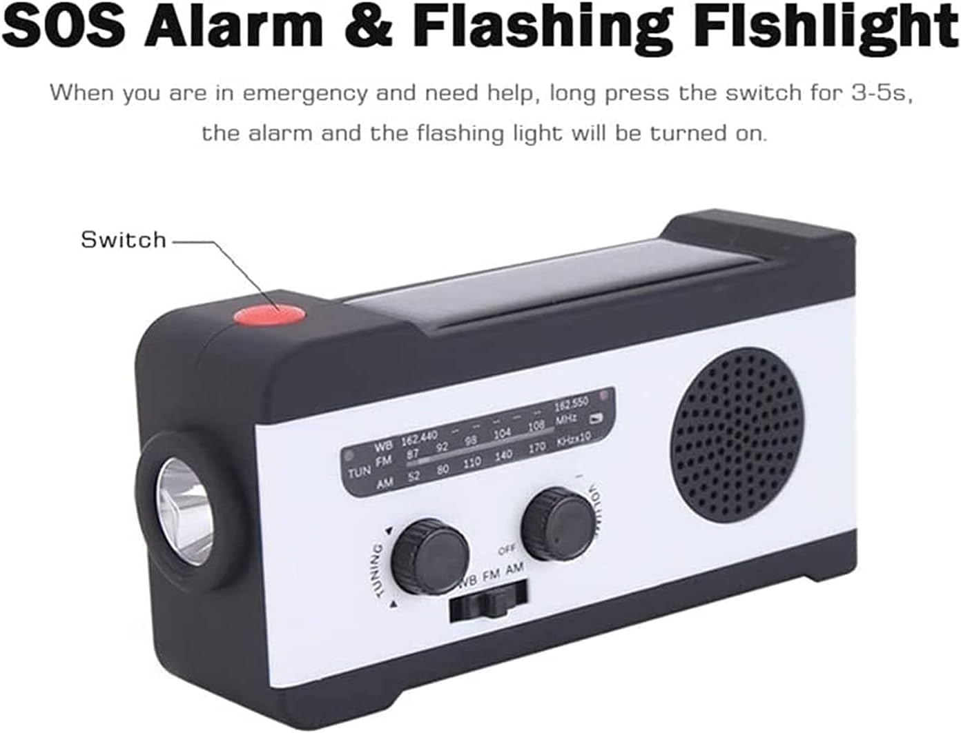 NOAA – Radio meteorológica portátil de emergencia con manivela, 3 linternas LED, sensor de movimiento, lámpara de lectura, alarma SOS, batería