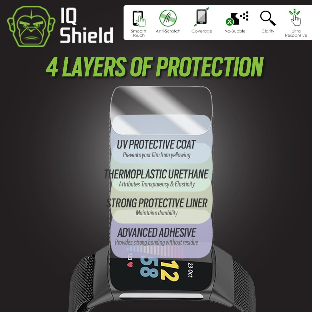 IQShield Protector de pantalla compatible con Fitbit Charge 6  Charge 5 (paquete de 6) película de TPU transparente antiburbujas