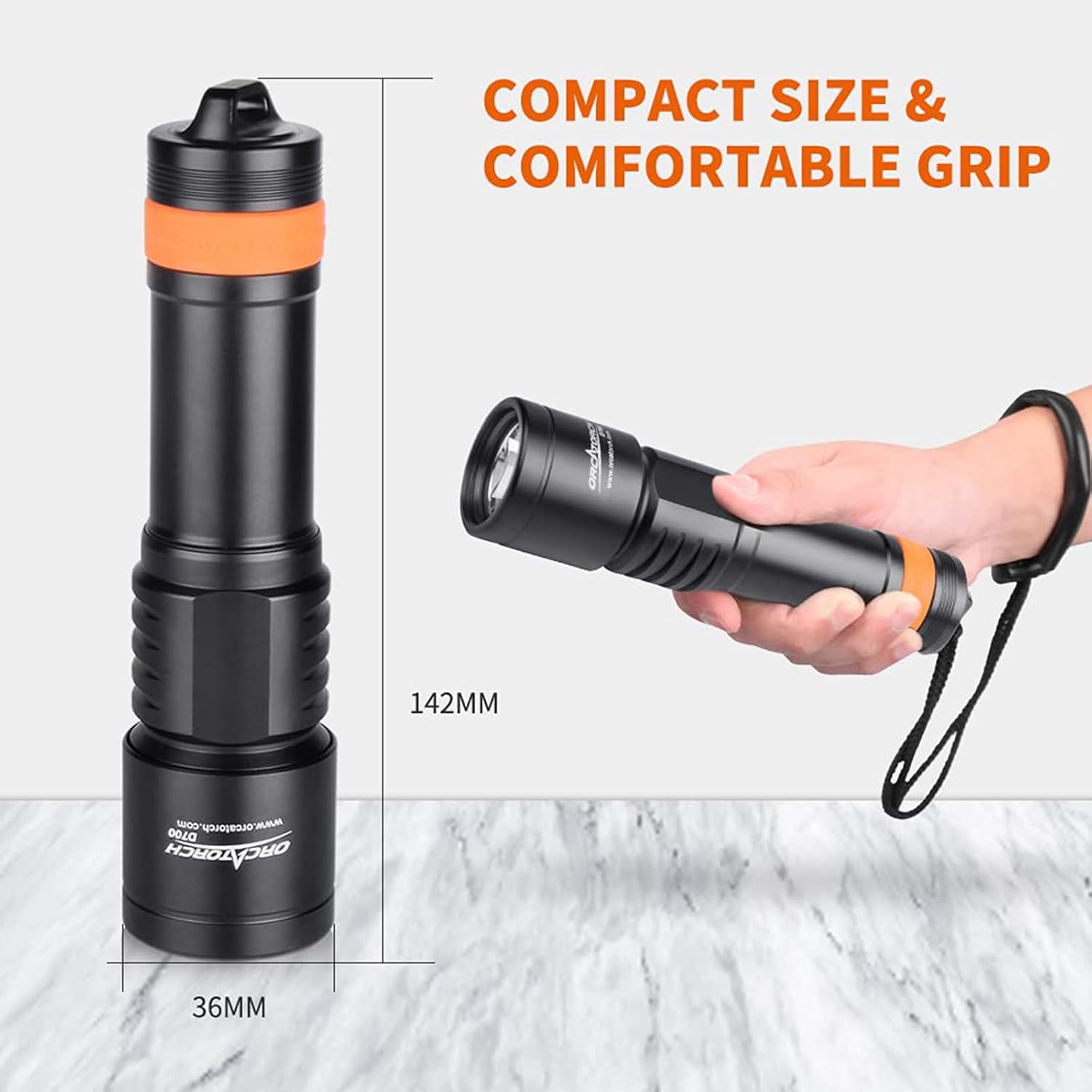 ORCATORCH D700 1700 lúmenes buceo luz antorcha mecánica cabeza giro encendidoapagado linterna sumergible submarina profesional, IP68 impermeable,