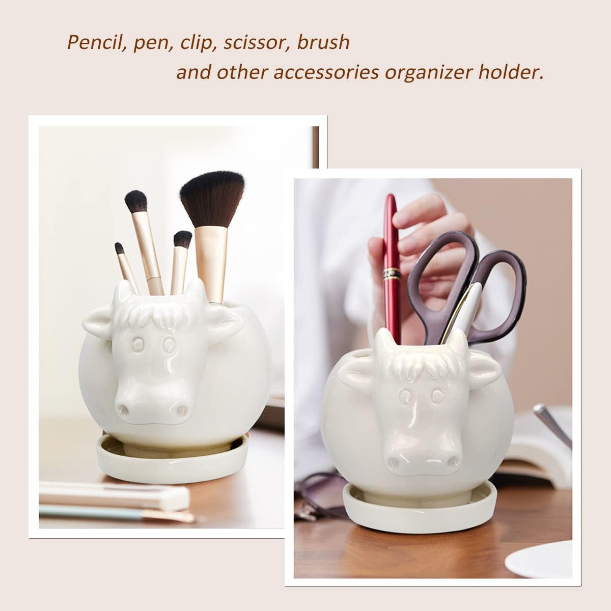 GeLive Maceta de cerámica para suculentas de vaca blanca, maceta de mesa con bandeja de drenaje para interior de vaca, soporte para lápices, soporte