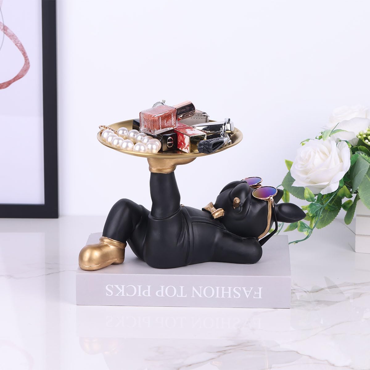 Estatua de bulldog francés negro  Bandeja de bulldog para dulces y soporte para llaves, almacenamiento de joyas, ideal para decoración moderna del