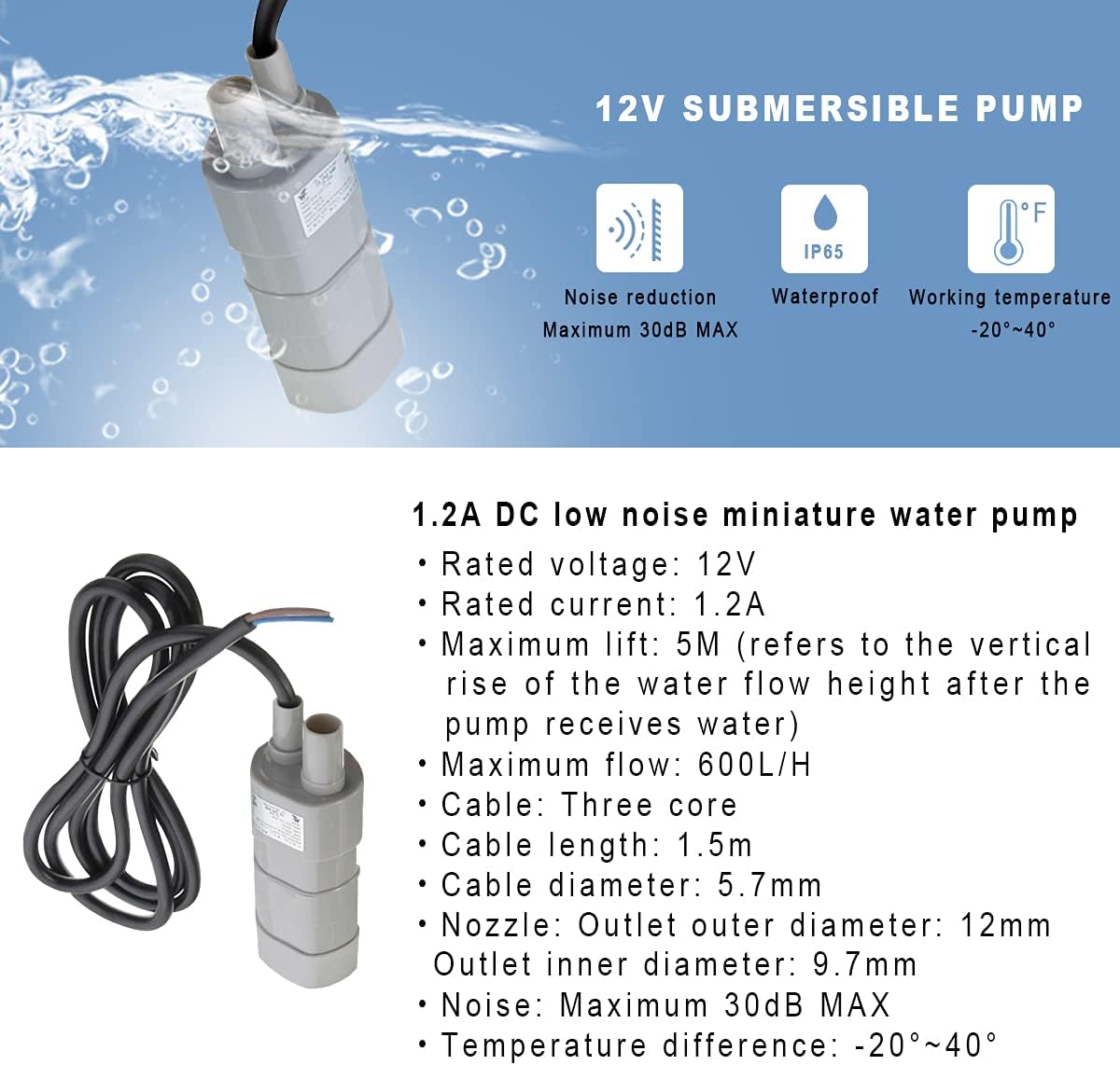 Northbear -Bomba sumergible de 12v, bomba de agua miniatura de bajo ruido de 1.2A DC, con cable de 4.9 ft, cabeza 5M 14LMin, 600LH, 6-15V, adecuado
