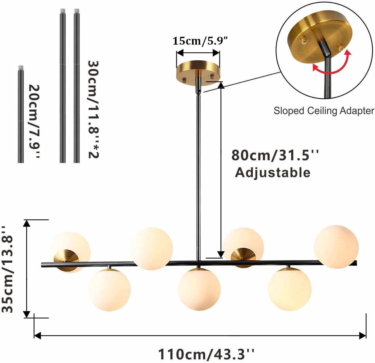 KCO Lighting – Lámparas de araña negras modernas de latón cepillado colgante de globo de cristal para comedor, sala de estar, dormitorio (negro)