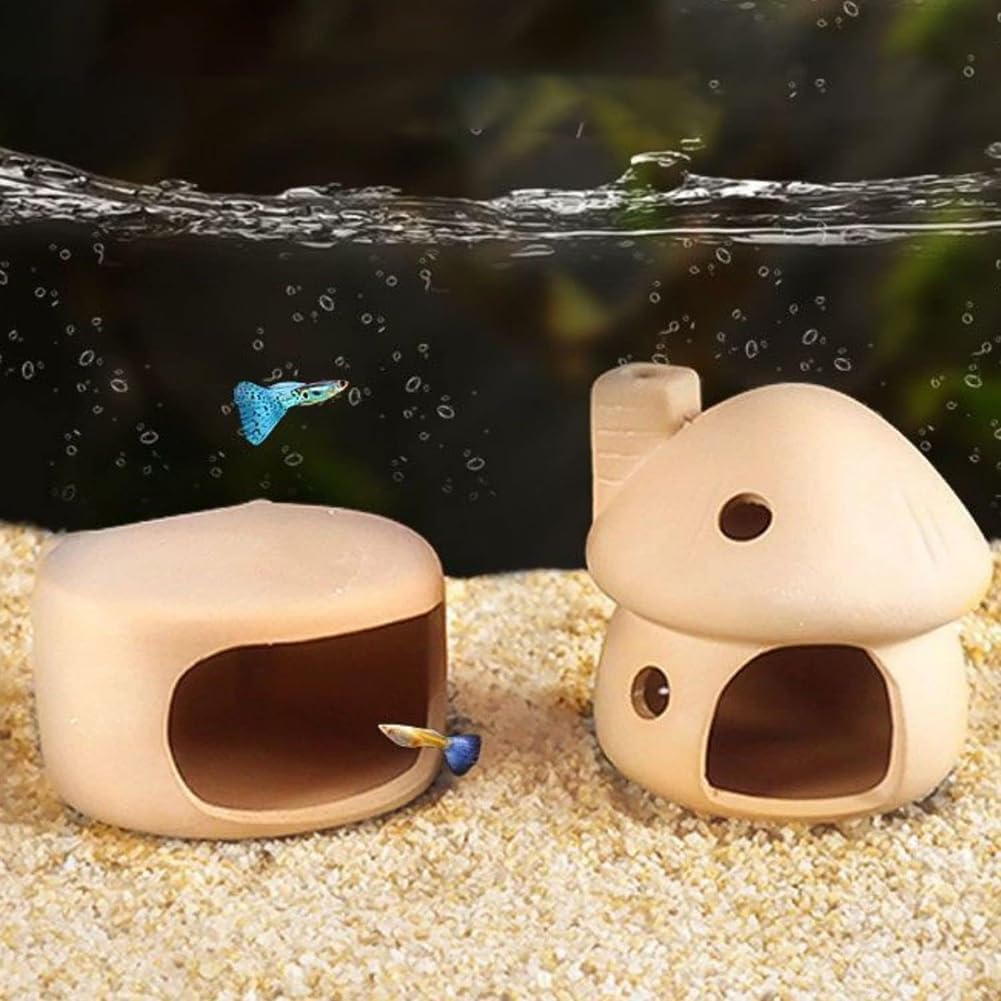 YXQ Decoración de acuario Casa de hongos de cerámica con cueva para pecera, paisaje a camarones pequeñospeces de colores ocultando descanso y raza