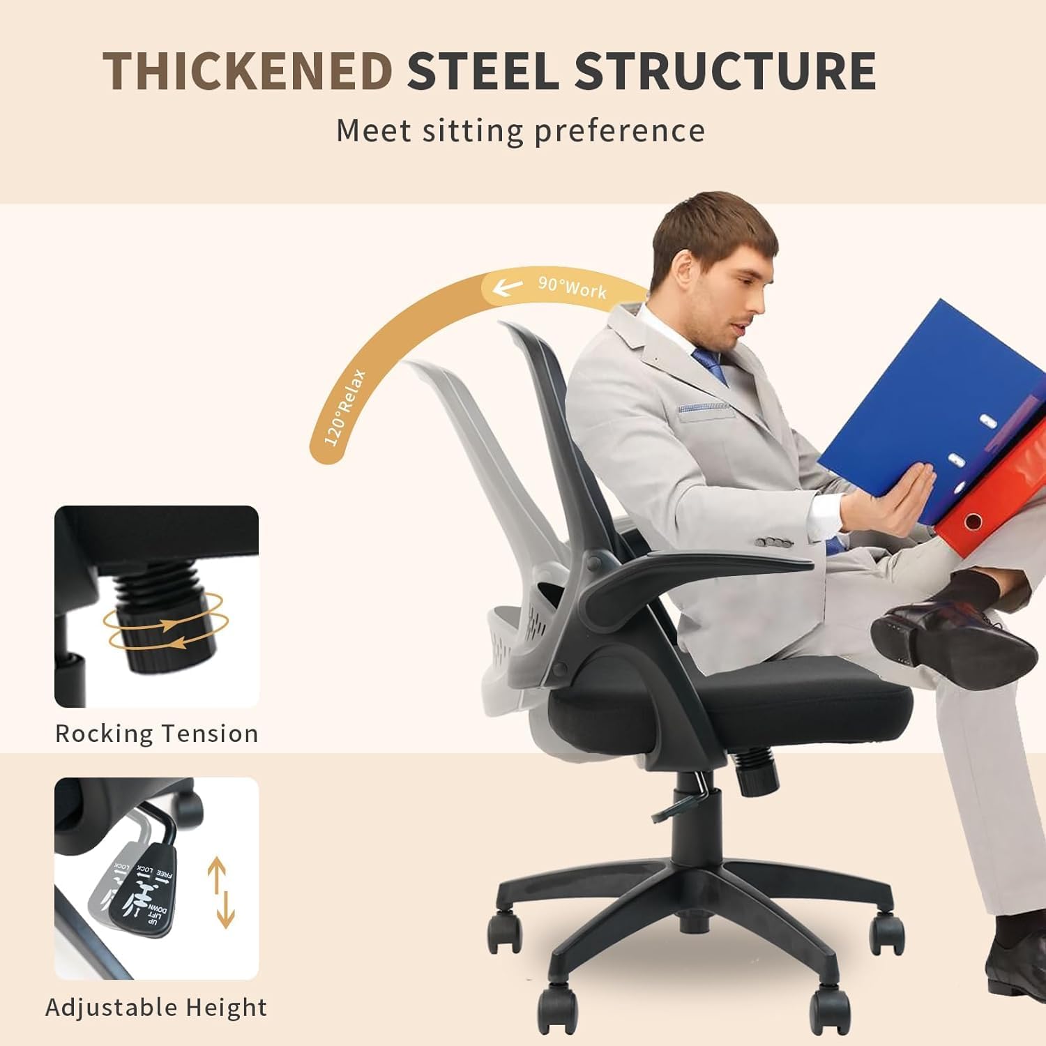 CLATINA Silla ergonómica de escritorio de malla rodante con soporte lumbar y reposabrazos abatibles, cómodas sillas de trabajo para computadora,