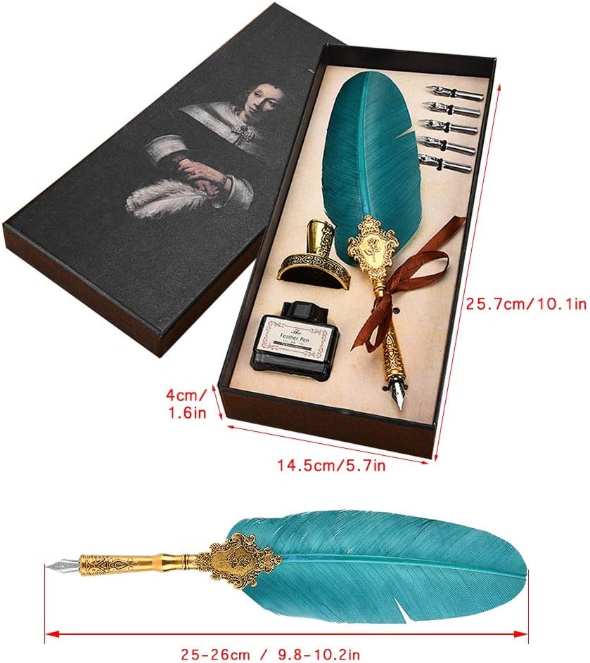 Zerone Juego de plumas retro, pluma estilográfica clásica europea, pluma de pavo real antiguo, pluma de metal con punta de pluma de escritura, caja